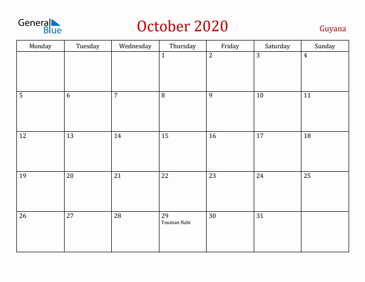 Guyana October 2020 Calendar - Monday Start