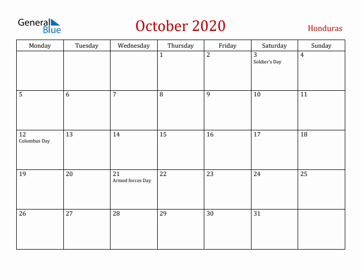Honduras October 2020 Calendar - Monday Start