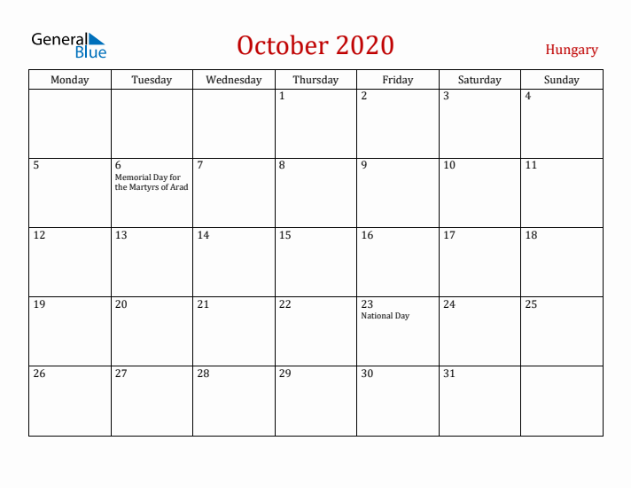 Hungary October 2020 Calendar - Monday Start
