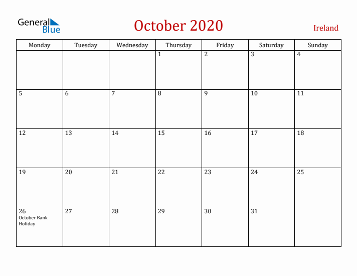Ireland October 2020 Calendar - Monday Start