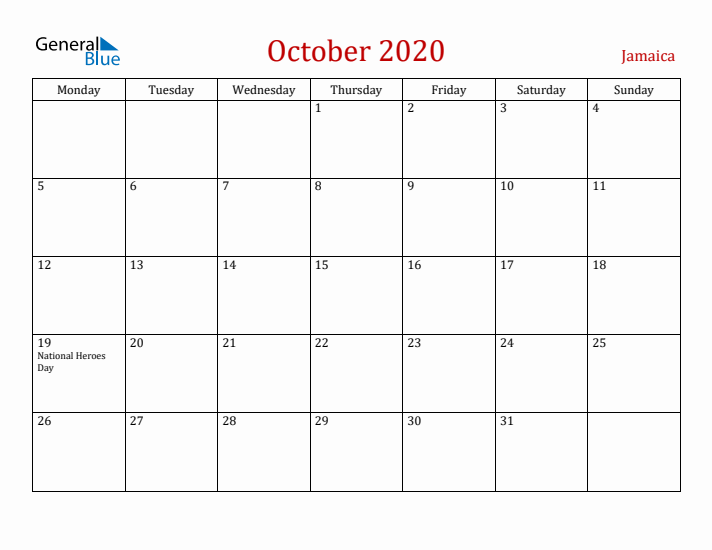 Jamaica October 2020 Calendar - Monday Start