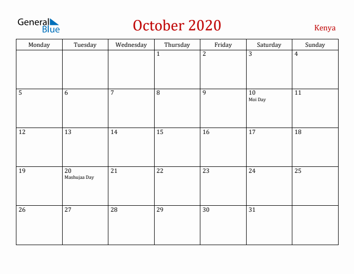 Kenya October 2020 Calendar - Monday Start