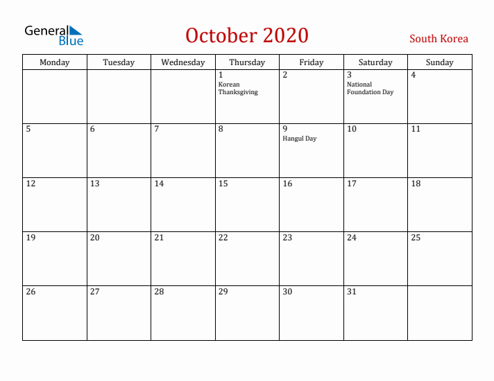 South Korea October 2020 Calendar - Monday Start