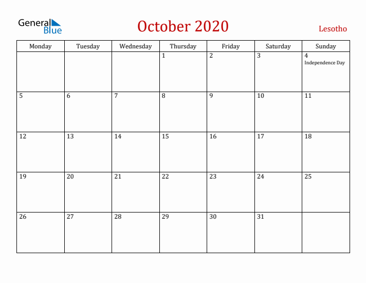 Lesotho October 2020 Calendar - Monday Start