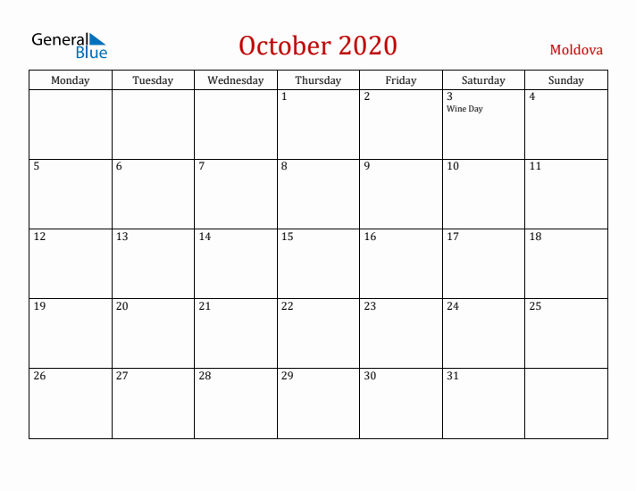 Moldova October 2020 Calendar - Monday Start