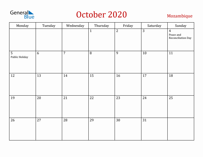 Mozambique October 2020 Calendar - Monday Start