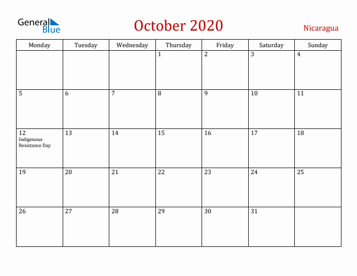 Nicaragua October 2020 Calendar - Monday Start