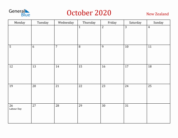 New Zealand October 2020 Calendar - Monday Start