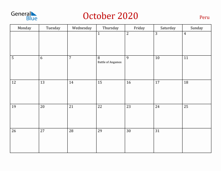 Peru October 2020 Calendar - Monday Start