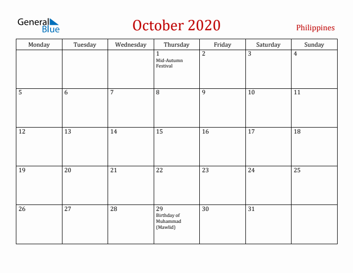 Philippines October 2020 Calendar - Monday Start