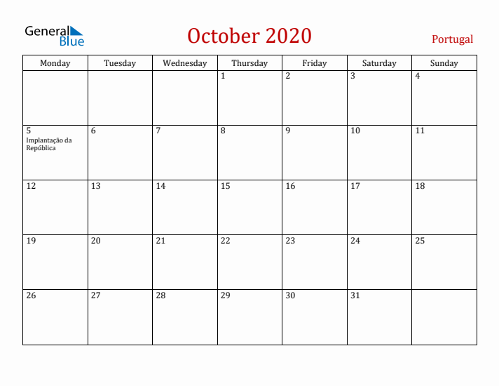 Portugal October 2020 Calendar - Monday Start