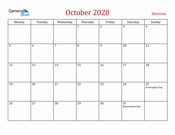 Slovenia October 2020 Calendar - Monday Start
