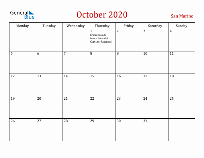 San Marino October 2020 Calendar - Monday Start