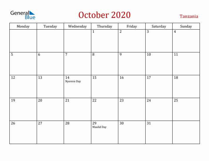 Tanzania October 2020 Calendar - Monday Start