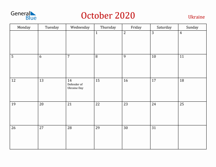 Ukraine October 2020 Calendar - Monday Start