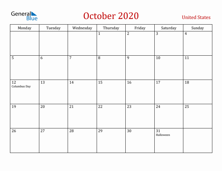 United States October 2020 Calendar - Monday Start