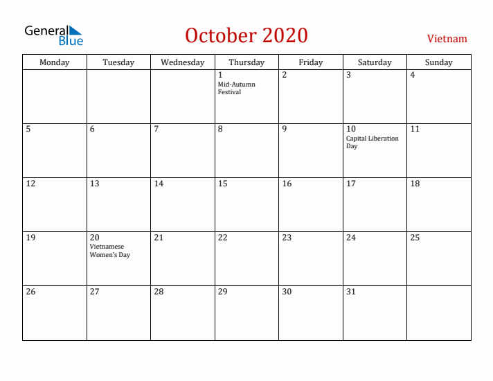 Vietnam October 2020 Calendar - Monday Start