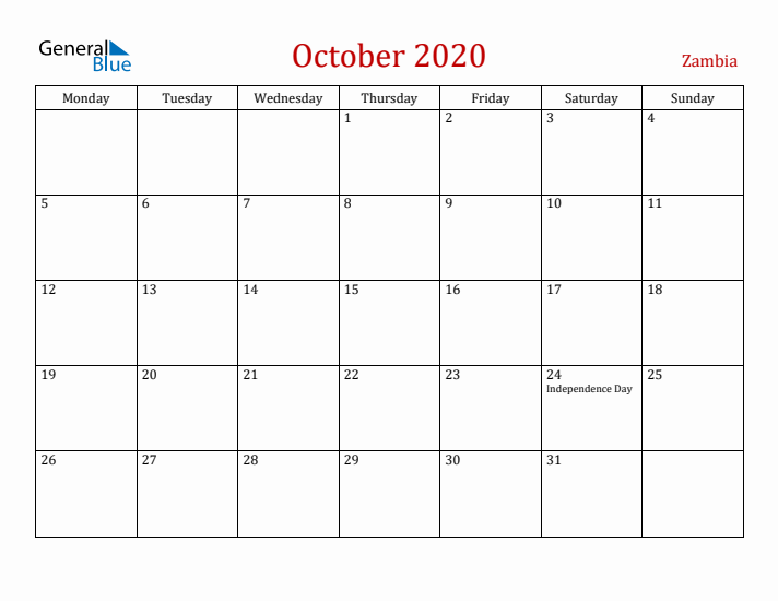 Zambia October 2020 Calendar - Monday Start
