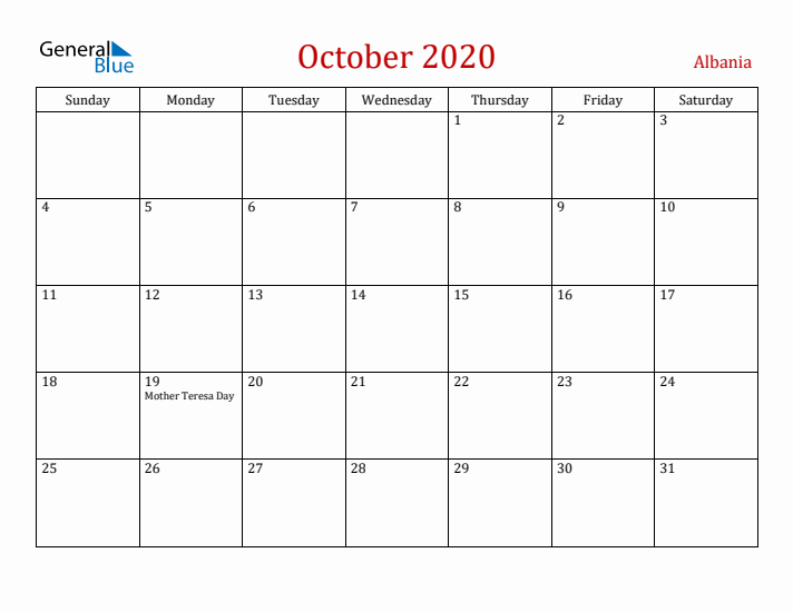 Albania October 2020 Calendar - Sunday Start