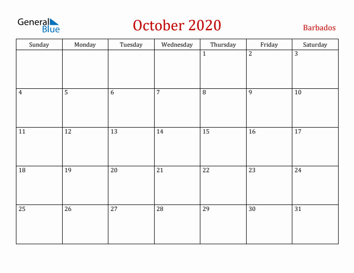Barbados October 2020 Calendar - Sunday Start