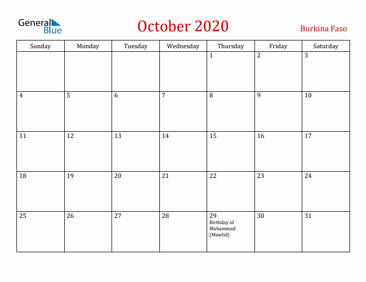 Burkina Faso October 2020 Calendar - Sunday Start
