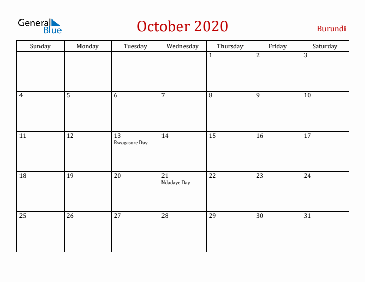 Burundi October 2020 Calendar - Sunday Start