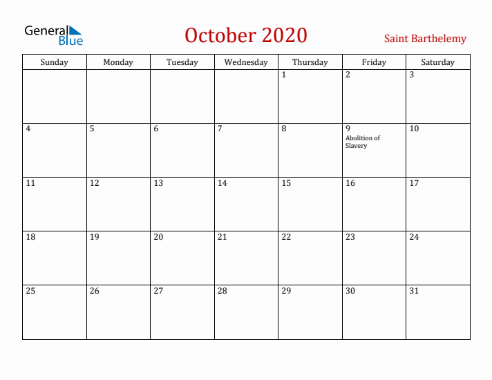Saint Barthelemy October 2020 Calendar - Sunday Start