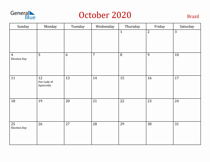 Brazil October 2020 Calendar - Sunday Start