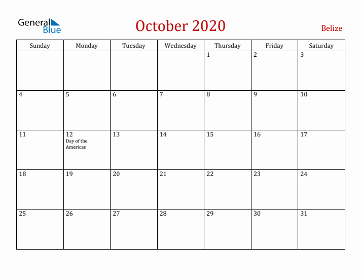 Belize October 2020 Calendar - Sunday Start