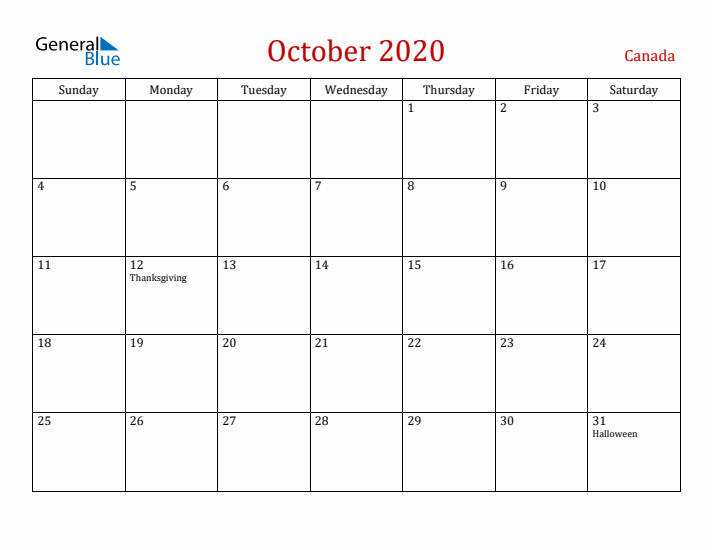 Canada October 2020 Calendar - Sunday Start