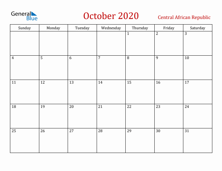 Central African Republic October 2020 Calendar - Sunday Start