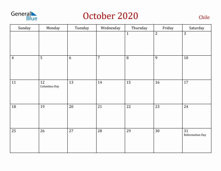 Chile October 2020 Calendar - Sunday Start
