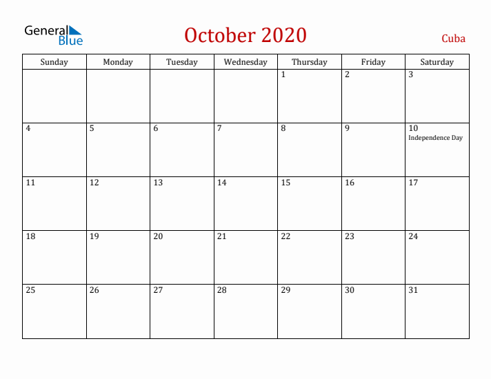 Cuba October 2020 Calendar - Sunday Start