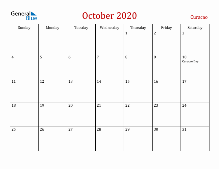 Curacao October 2020 Calendar - Sunday Start