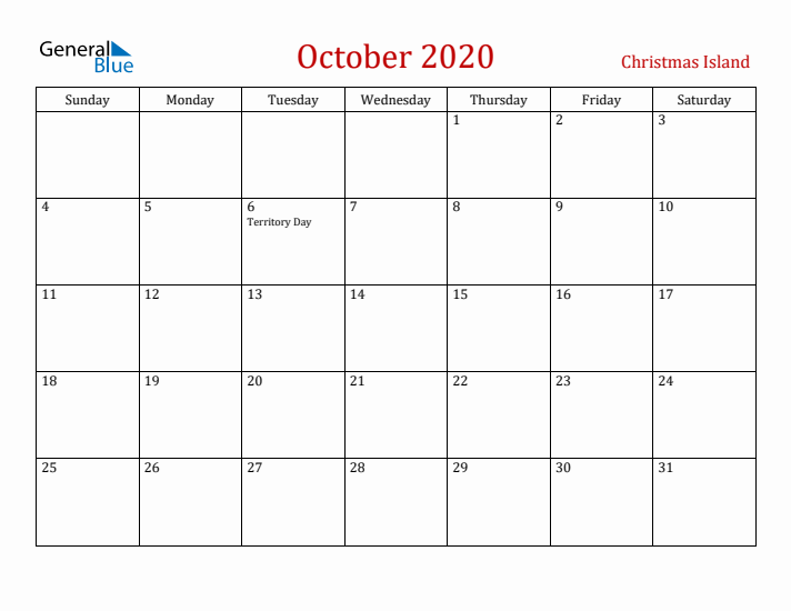 Christmas Island October 2020 Calendar - Sunday Start