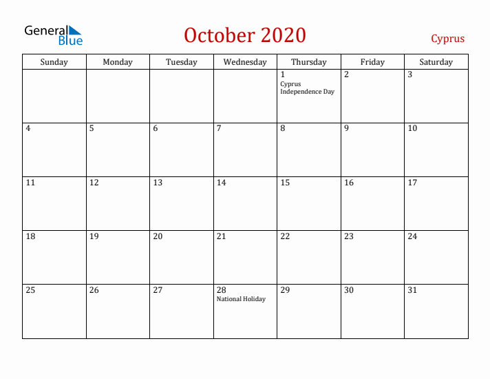 Cyprus October 2020 Calendar - Sunday Start