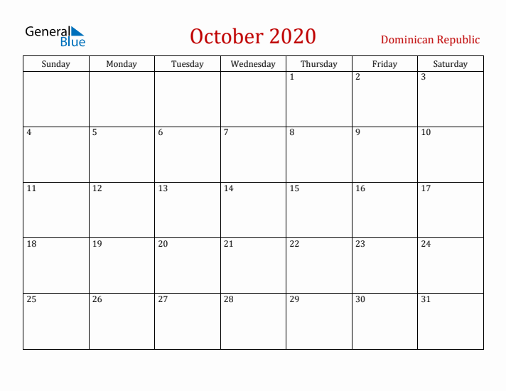 Dominican Republic October 2020 Calendar - Sunday Start