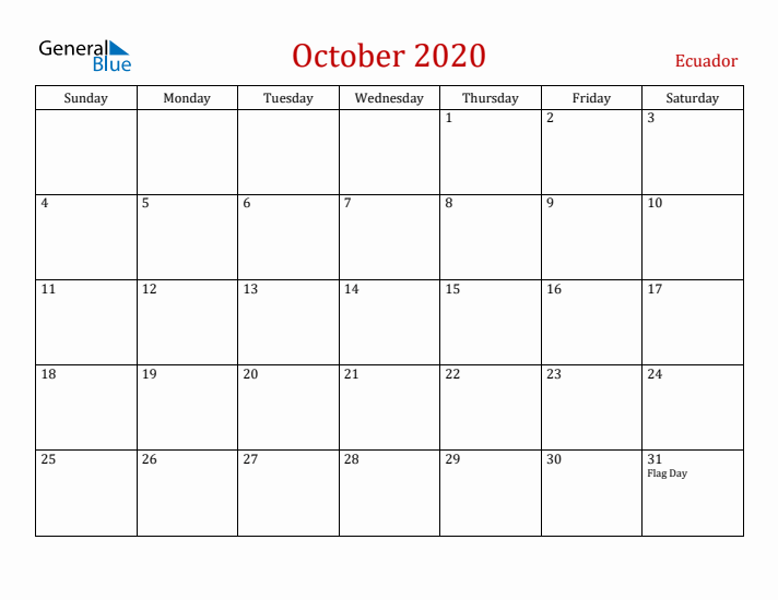 Ecuador October 2020 Calendar - Sunday Start