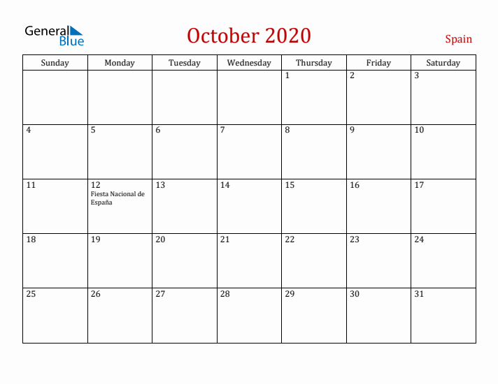Spain October 2020 Calendar - Sunday Start
