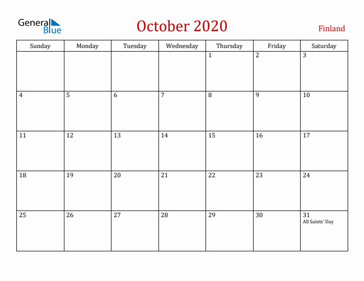Finland October 2020 Calendar - Sunday Start