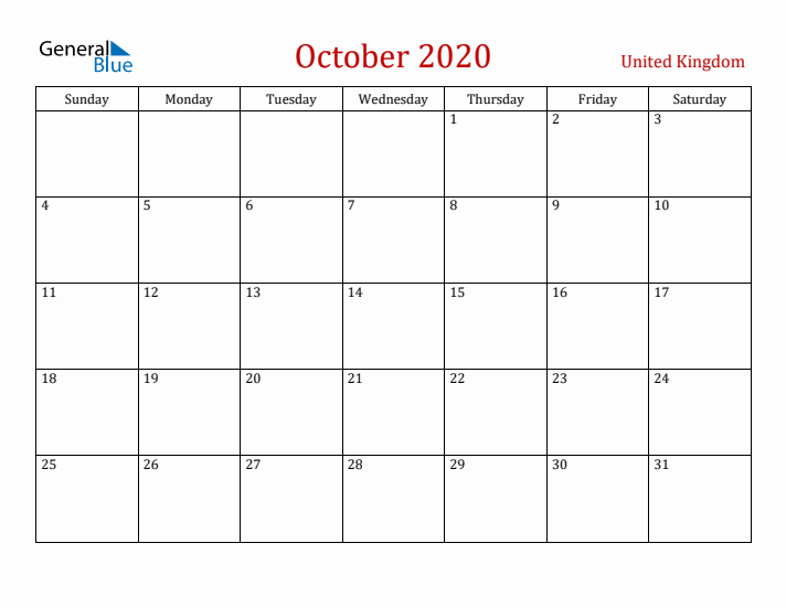 United Kingdom October 2020 Calendar - Sunday Start