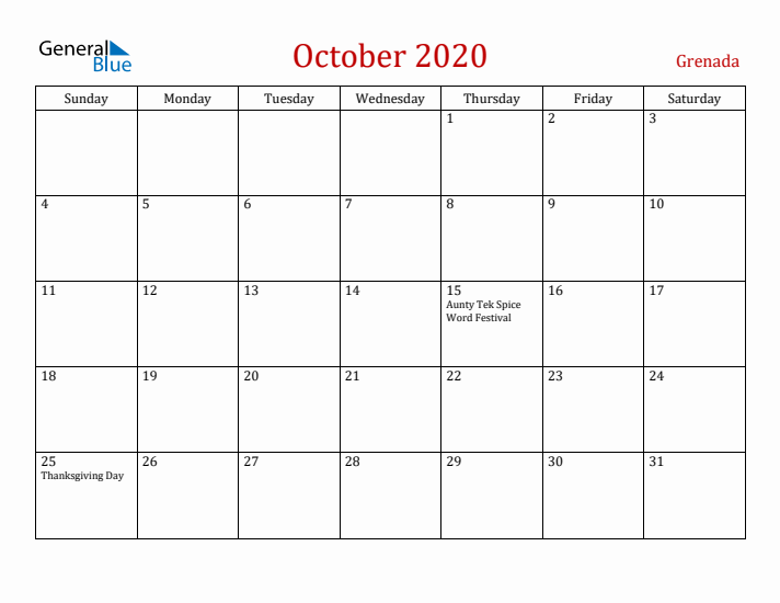 Grenada October 2020 Calendar - Sunday Start