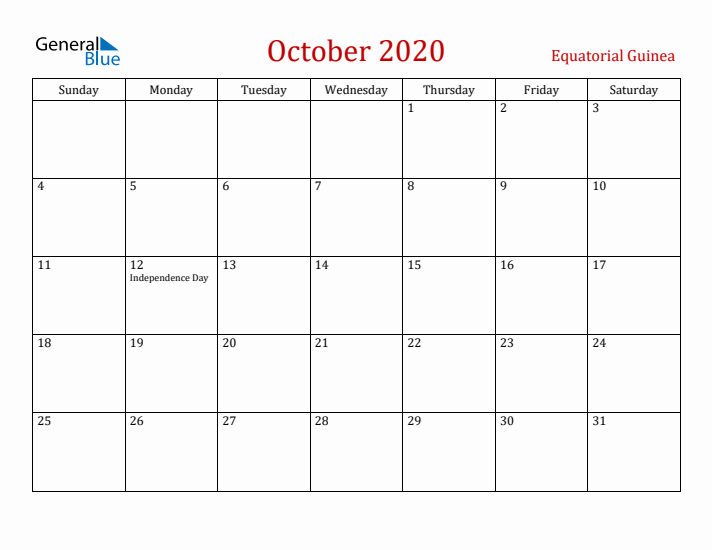 Equatorial Guinea October 2020 Calendar - Sunday Start