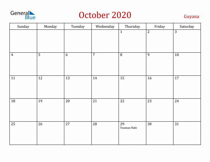 Guyana October 2020 Calendar - Sunday Start