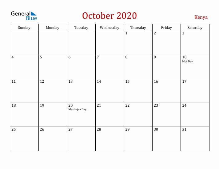 Kenya October 2020 Calendar - Sunday Start