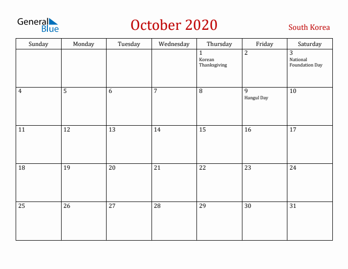 South Korea October 2020 Calendar - Sunday Start