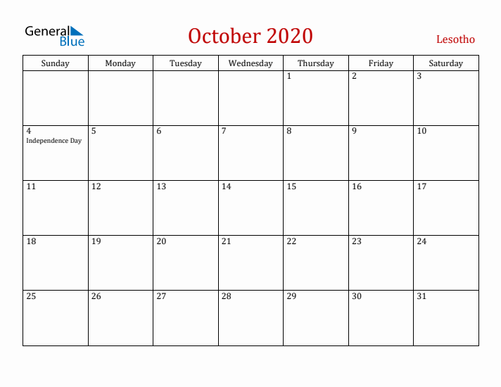 Lesotho October 2020 Calendar - Sunday Start