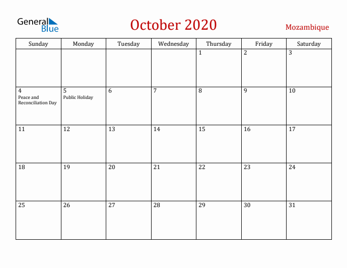 Mozambique October 2020 Calendar - Sunday Start