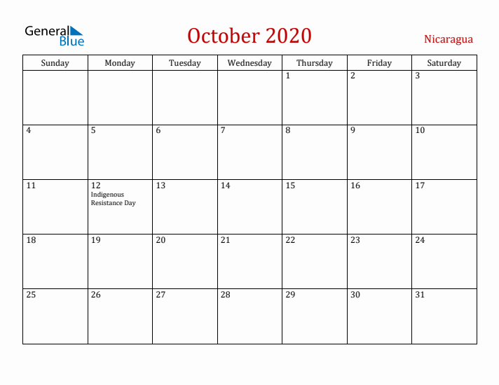 Nicaragua October 2020 Calendar - Sunday Start