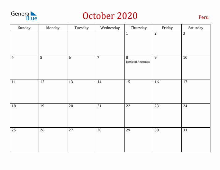Peru October 2020 Calendar - Sunday Start